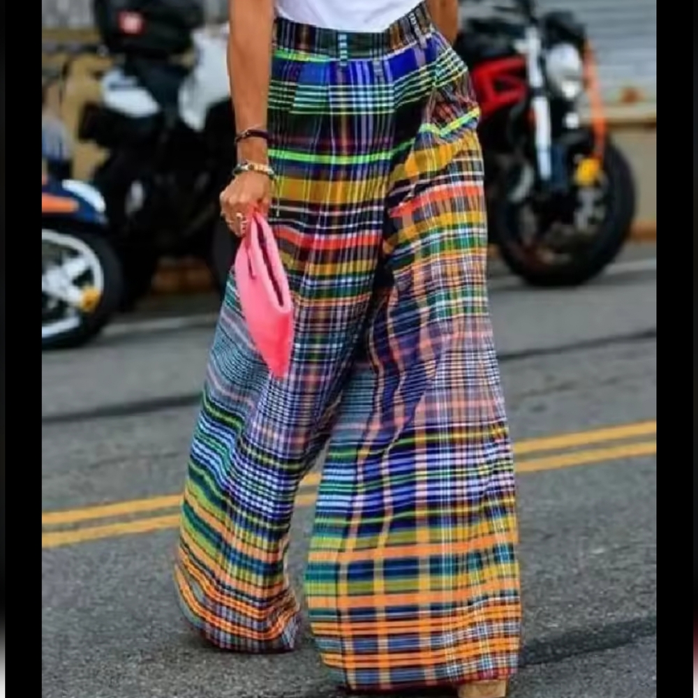 Colorful Plaid Wide-Leg Pants - Picture 1 of 5